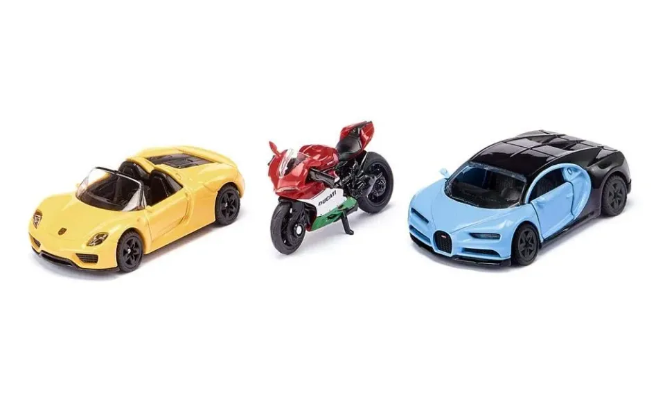 SIKU Coffret 6313 voitures sport + moto miniatures jaune rouge bleu
