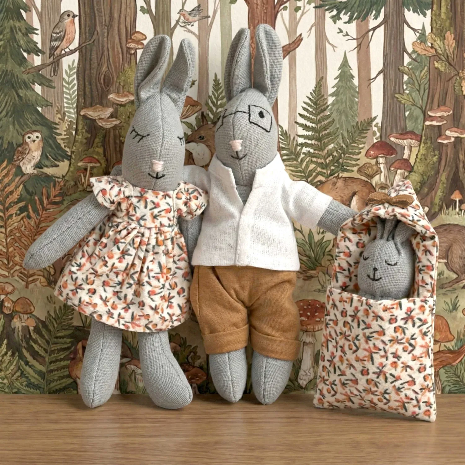 Famille Museau Henriette poupées tissu coton bio 15,5 cm