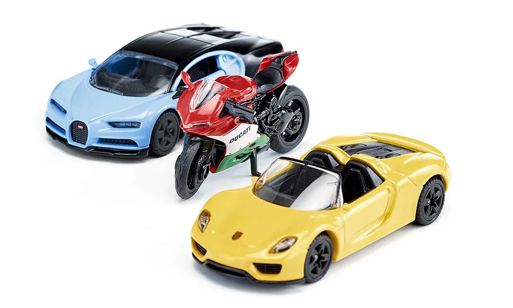 SIKU Coffret 6313 voitures sport + moto miniatures jaune rouge bleu